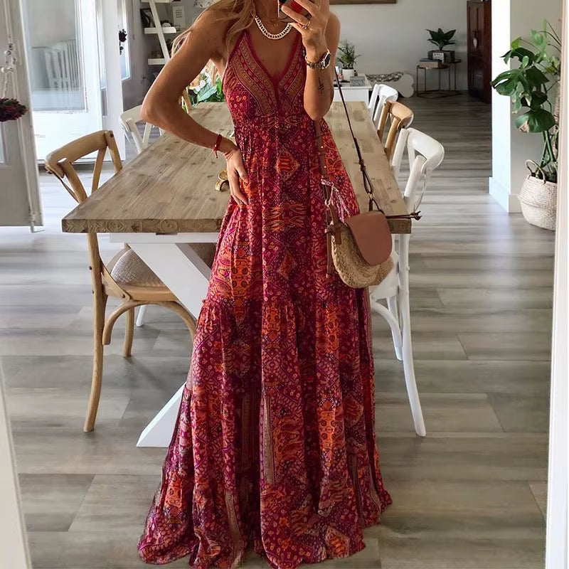 European and American New 2023 Bohemian Style New Strap Long Dress High Waist V-Neck Printed Fragmented Flower Dress Women'S Wea
