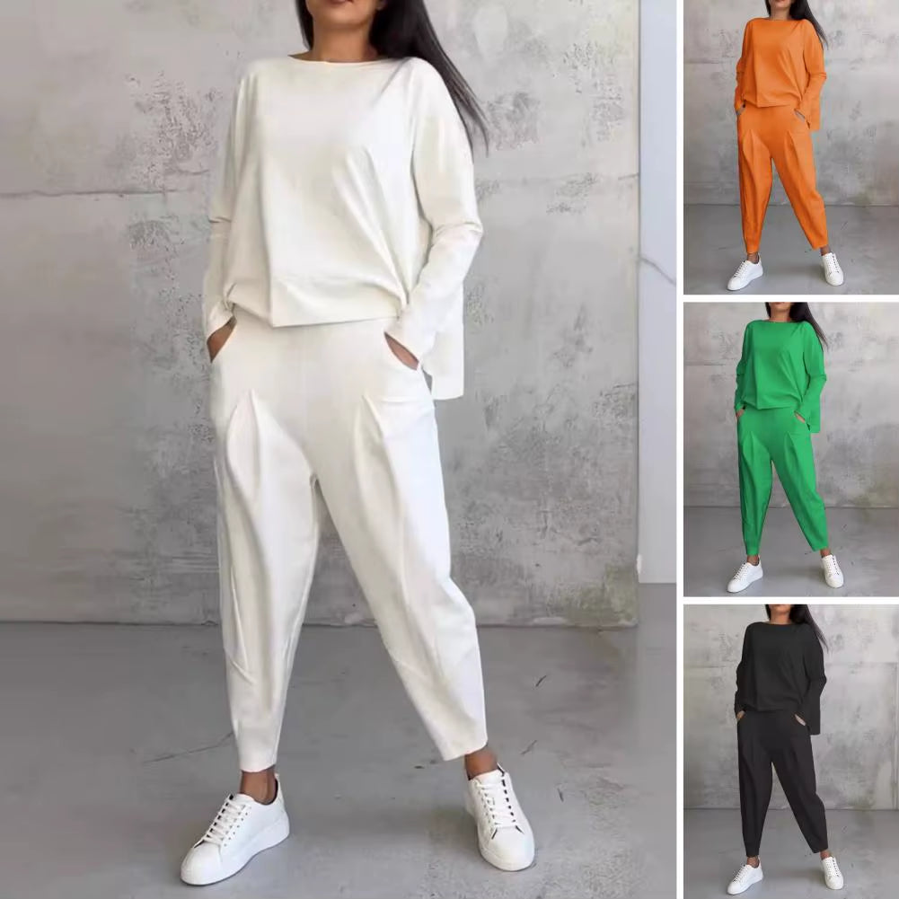 Top Pants Set Elegant Women'S Top Pants Set with Long Sleeves O Neck T-Shirt Elastic Waist Harem Trousers Pockets for Office