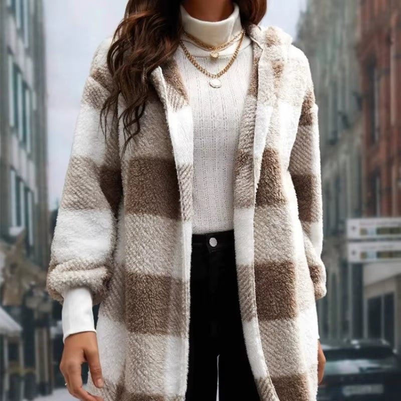 Women Autumn Winter Double Fleece Plaid Cardigan Soft Loose Long Sleeve Plush Warm Hooded Jacket Female Patchwork Outerwear Coat