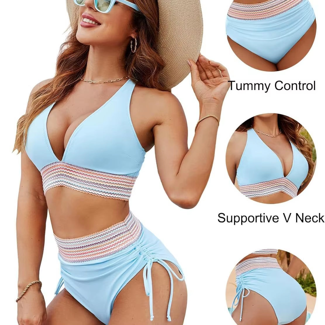 2025 Women'S Shoulder High Waist Split Bikini Swimsuit Set with Chest Cushion and Adjustable Shoulder Straps