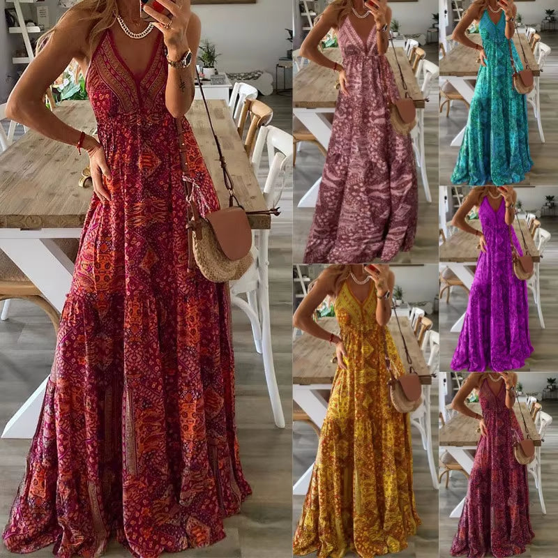 European and American New 2023 Bohemian Style New Strap Long Dress High Waist V-Neck Printed Fragmented Flower Dress Women'S Wea