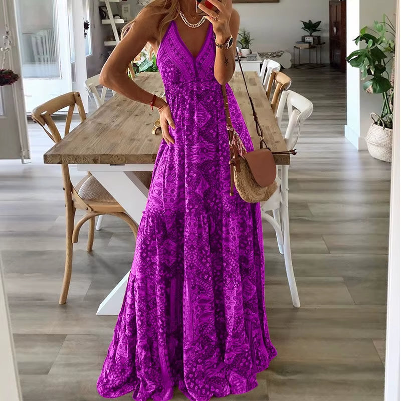 European and American New 2023 Bohemian Style New Strap Long Dress High Waist V-Neck Printed Fragmented Flower Dress Women'S Wea
