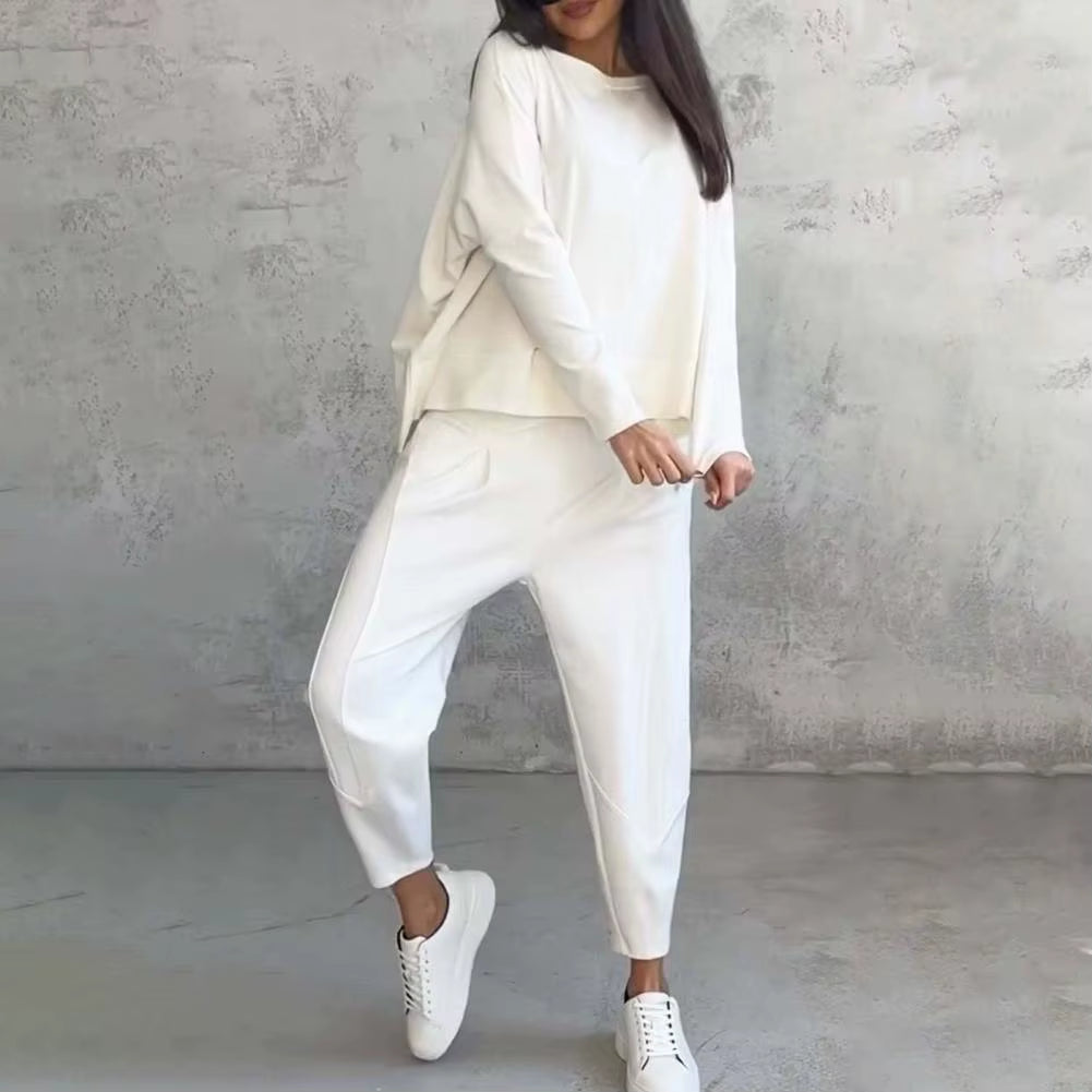 Top Pants Set Elegant Women'S Top Pants Set with Long Sleeves O Neck T-Shirt Elastic Waist Harem Trousers Pockets for Office