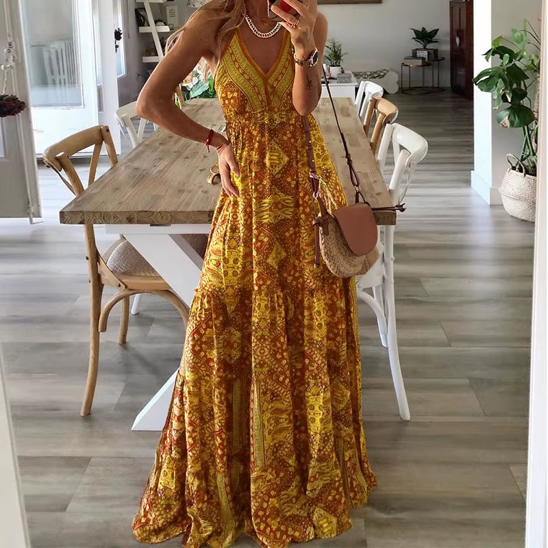 European and American New 2023 Bohemian Style New Strap Long Dress High Waist V-Neck Printed Fragmented Flower Dress Women'S Wea