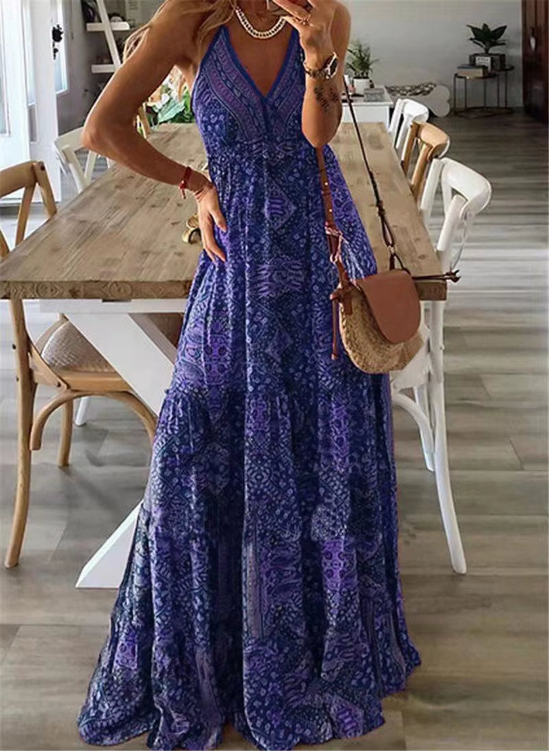European and American New 2023 Bohemian Style New Strap Long Dress High Waist V-Neck Printed Fragmented Flower Dress Women'S Wea
