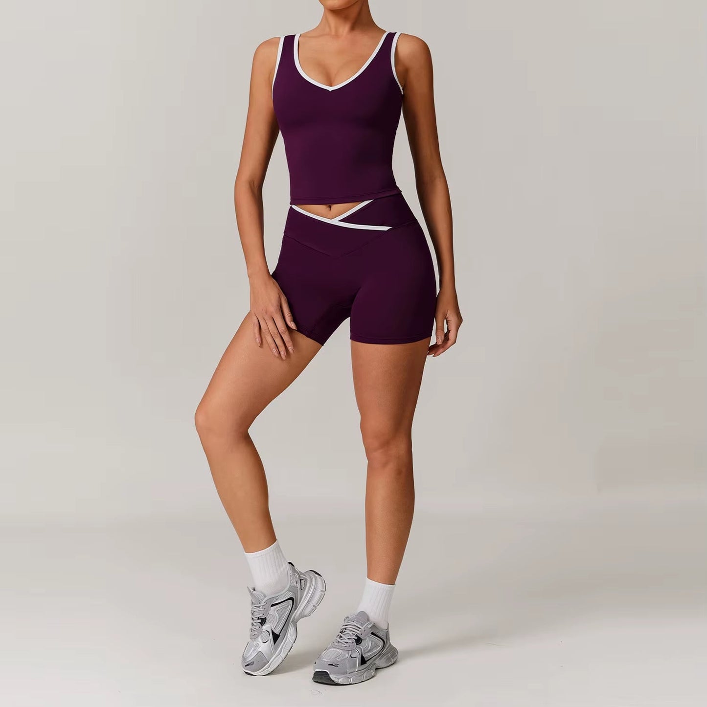 Scrunch Yoga Short Set Women Pink Contrast Padded Bra Crop Top Cross High Waist Sports Pants Fitness Gym Suit Tracksuit