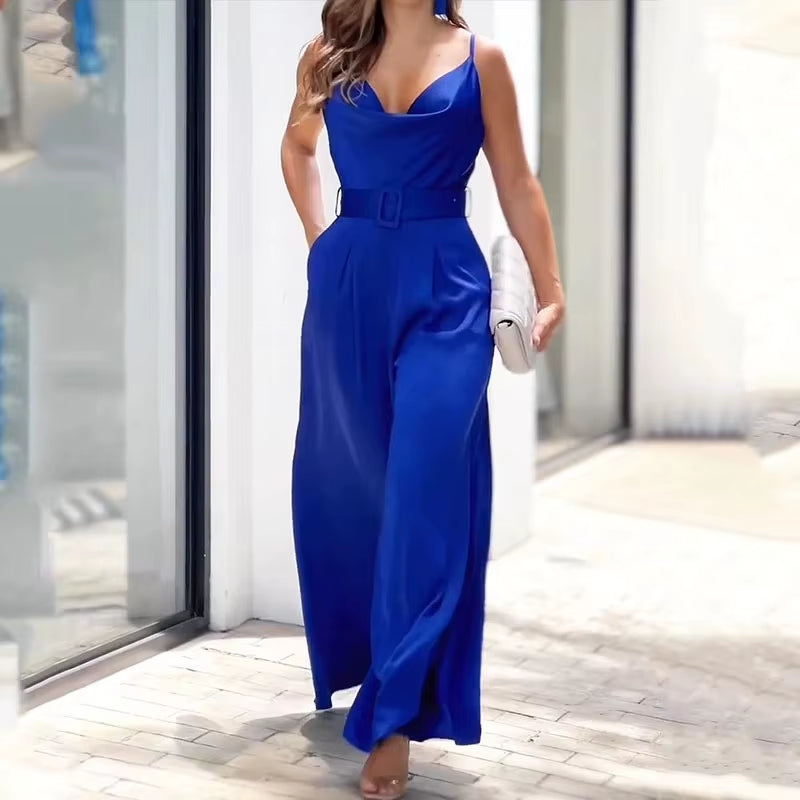 Women'S Jumpsuit 2025 New Solid Color Suspenders Sleeveless Wide Leg Straight Pants Fashion Casual Street Clothing