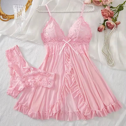 See through Deep V Bow Bra Underwear Sexy Women'S Sleeping Dress Sex Transparent Sleepwear Nightdress and Thongs Pijamas Sets