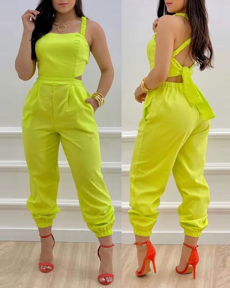Women'S Jumpsuit 2025 New Solid Color Suspenders Sleeveless Wide Leg Straight Pants Fashion Casual Street Clothing