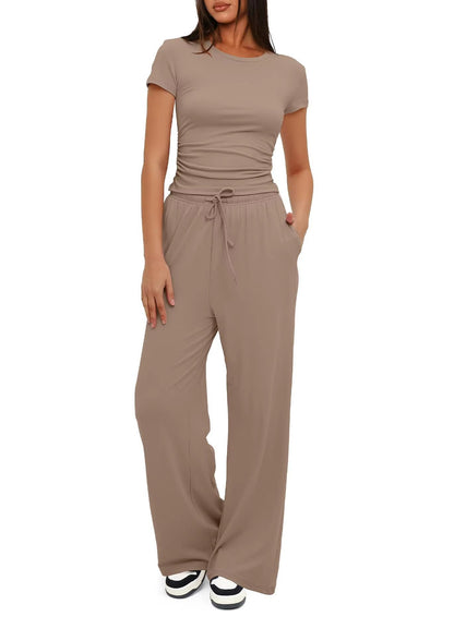 Women Two Pieces Set T-Shirt and Wide Leg Pants Short Sleeves High Waist Solid Multi-Colors Sports Yoga Casual Tracksuit