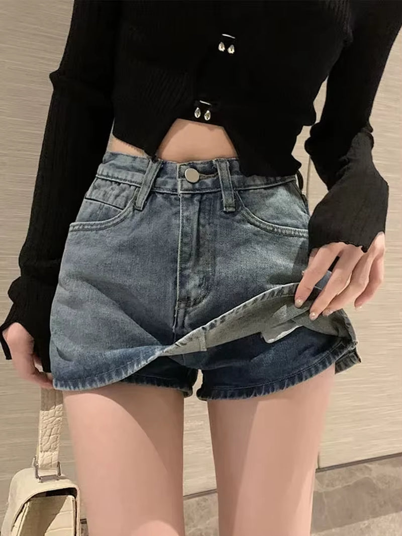 Summer High-Waisted Vintage Women Denim Short Skirt Small New Slim Sexy Korea Fashion Girl Cute Street A-Line Mini Jeans Pants