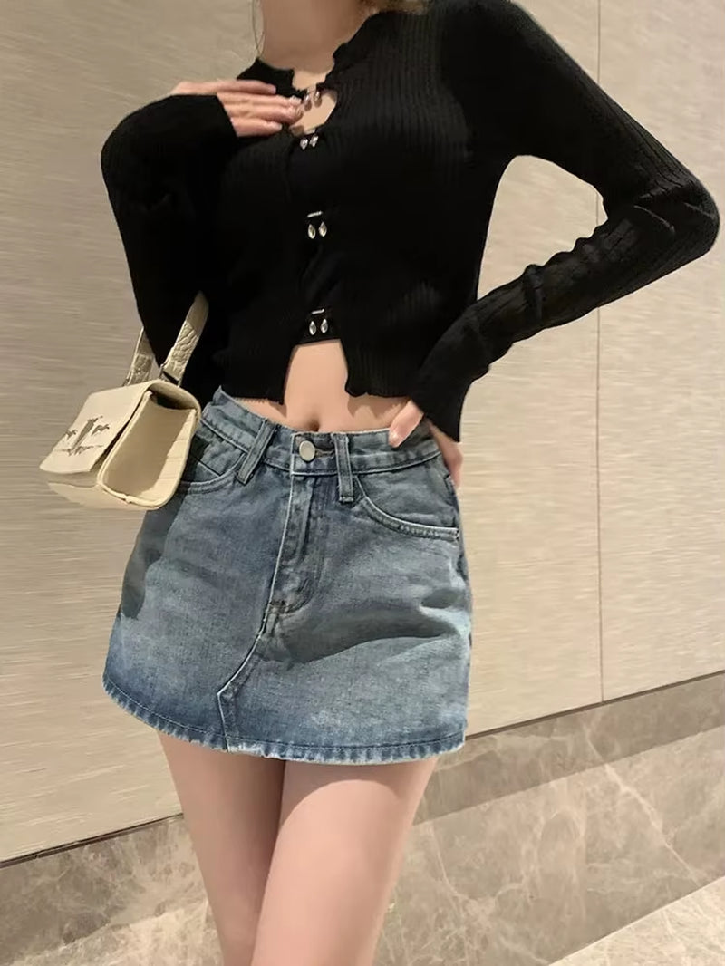 Summer High-Waisted Vintage Women Denim Short Skirt Small New Slim Sexy Korea Fashion Girl Cute Street A-Line Mini Jeans Pants