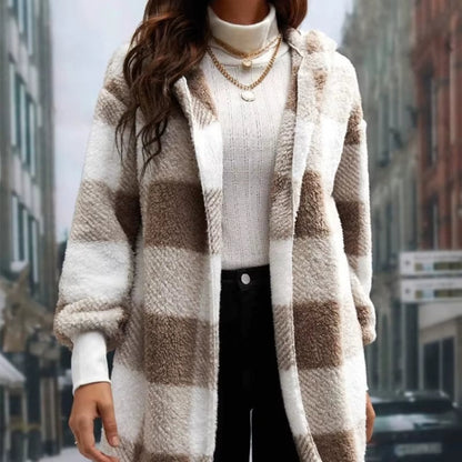 Women Autumn Winter Double Fleece Plaid Cardigan Soft Loose Long Sleeve Plush Warm Hooded Jacket Female Patchwork Outerwear Coat
