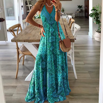 European and American New 2023 Bohemian Style New Strap Long Dress High Waist V-Neck Printed Fragmented Flower Dress Women'S Wea