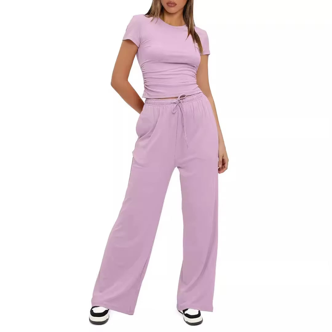 Women Two Pieces Set T-Shirt and Wide Leg Pants Short Sleeves High Waist Solid Multi-Colors Sports Yoga Casual Tracksuit