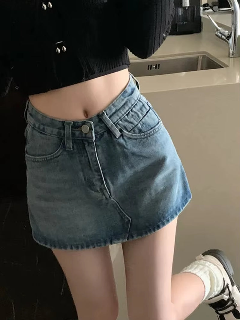 Summer High-Waisted Vintage Women Denim Short Skirt Small New Slim Sexy Korea Fashion Girl Cute Street A-Line Mini Jeans Pants