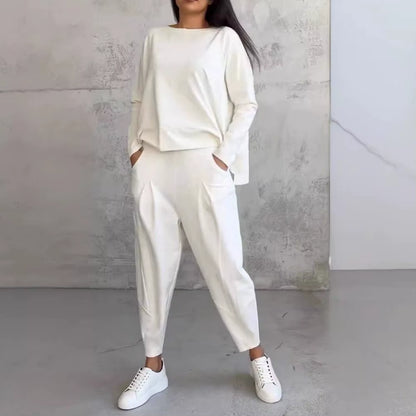 Top Pants Set Elegant Women'S Top Pants Set with Long Sleeves O Neck T-Shirt Elastic Waist Harem Trousers Pockets for Office