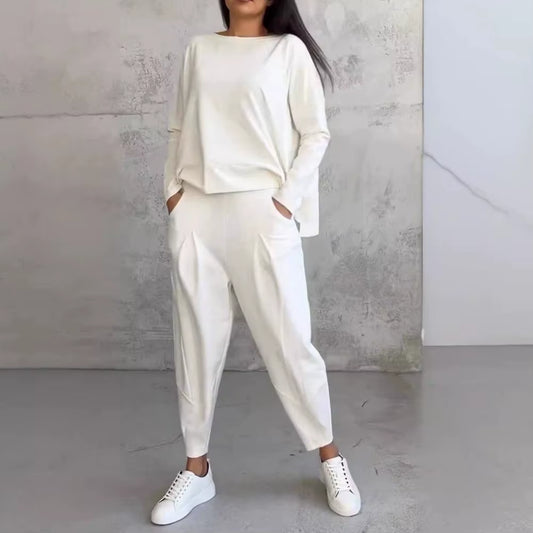 Top Pants Set Elegant Women'S Top Pants Set with Long Sleeves O Neck T-Shirt Elastic Waist Harem Trousers Pockets for Office