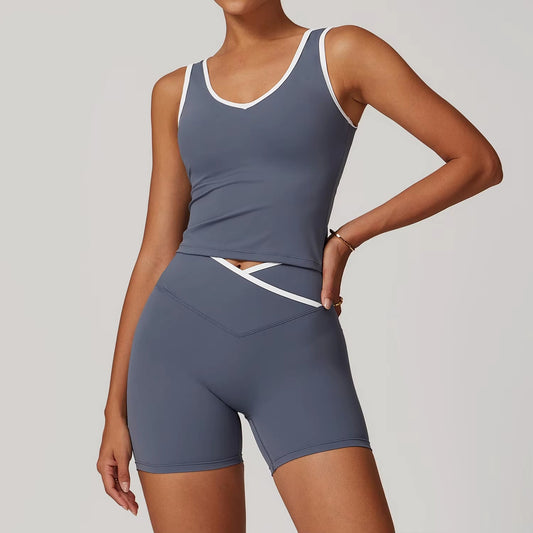 Scrunch Yoga Short Set Women Pink Contrast Padded Bra Crop Top Cross High Waist Sports Pants Fitness Gym Suit Tracksuit