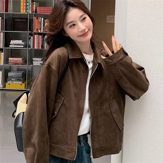 Café Color American Vintage Faux Suede Short Jacket Women'S Autumn New Style Compact Size Top Coat Regular Fit Middle Age