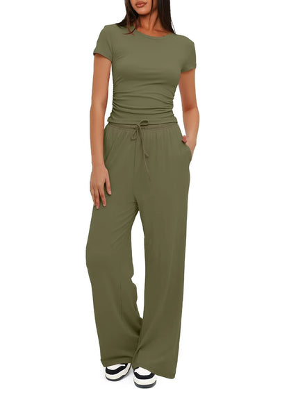 Women Two Pieces Set T-Shirt and Wide Leg Pants Short Sleeves High Waist Solid Multi-Colors Sports Yoga Casual Tracksuit