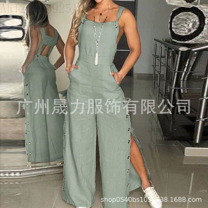 Women'S Jumpsuit 2025 New Solid Color Suspenders Sleeveless Wide Leg Straight Pants Fashion Casual Street Clothing