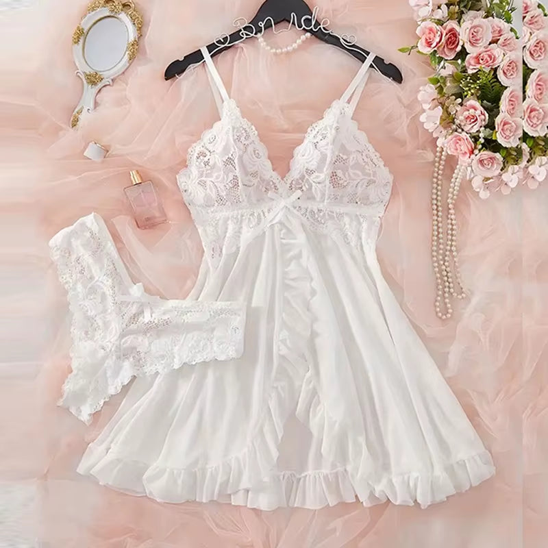 See through Deep V Bow Bra Underwear Sexy Women'S Sleeping Dress Sex Transparent Sleepwear Nightdress and Thongs Pijamas Sets